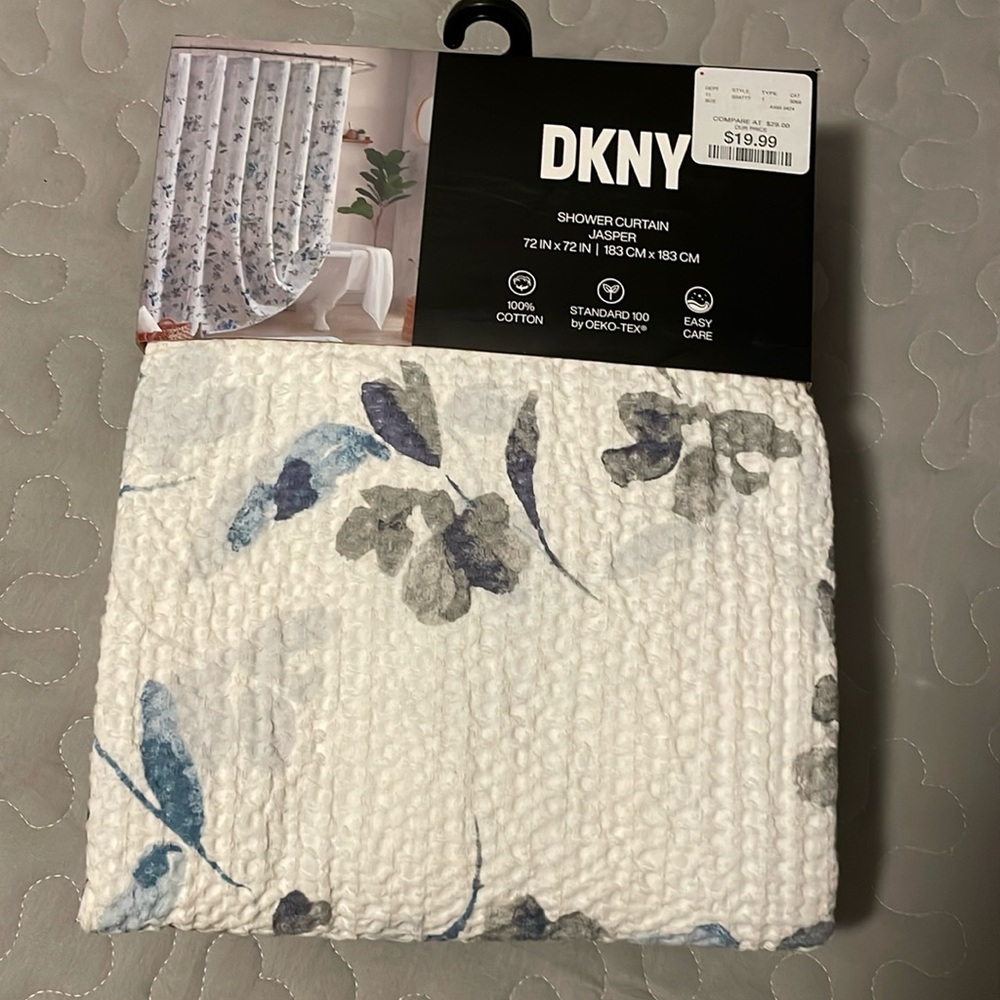 DKNY 72”x 72” Shower Curtain NEW- White, Blue and Gray